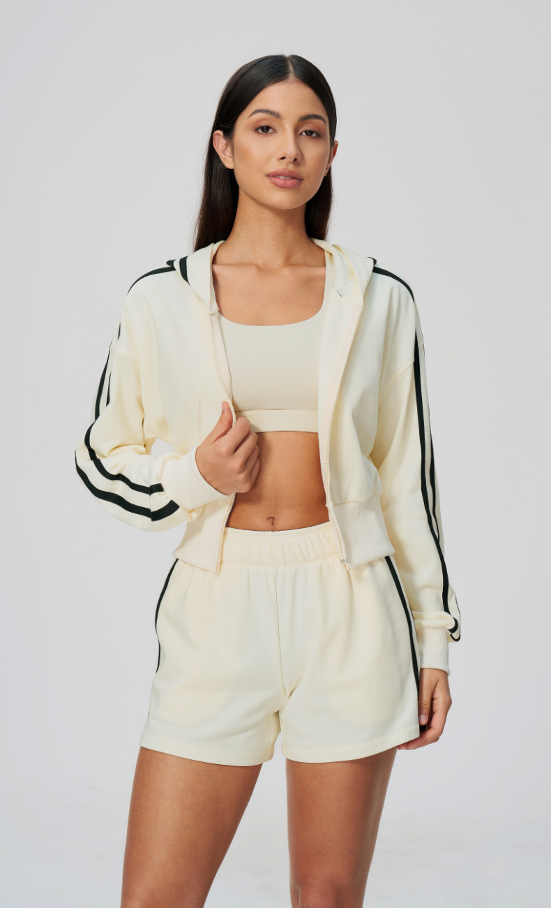 Veronica Cotton Side Stripe Cropped Zip-Up Hoodie