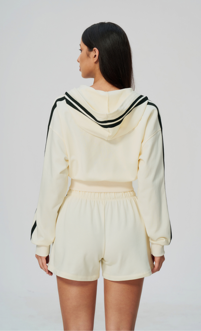 Veronica Cotton Side Stripe Cropped Zip-Up Hoodie