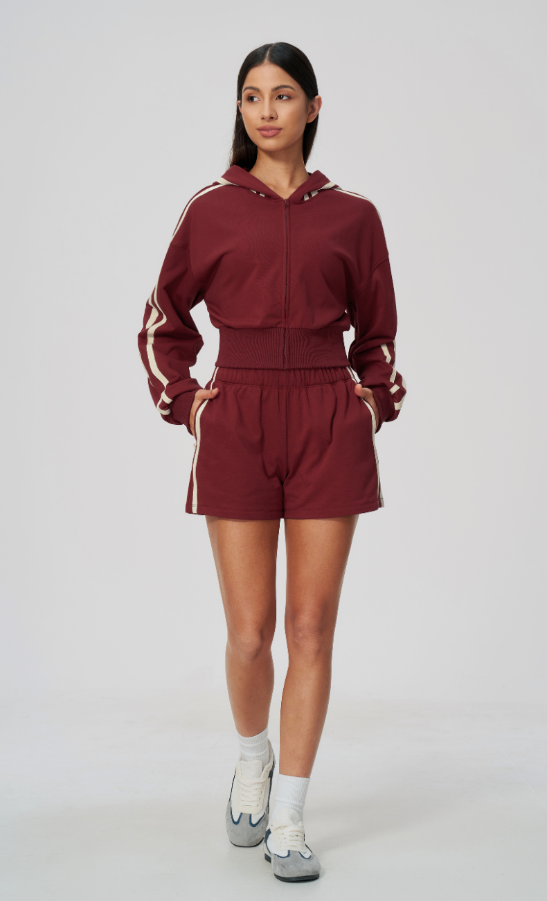 Veronica Cotton Side Stripe Cropped Zip-Up Hoodie