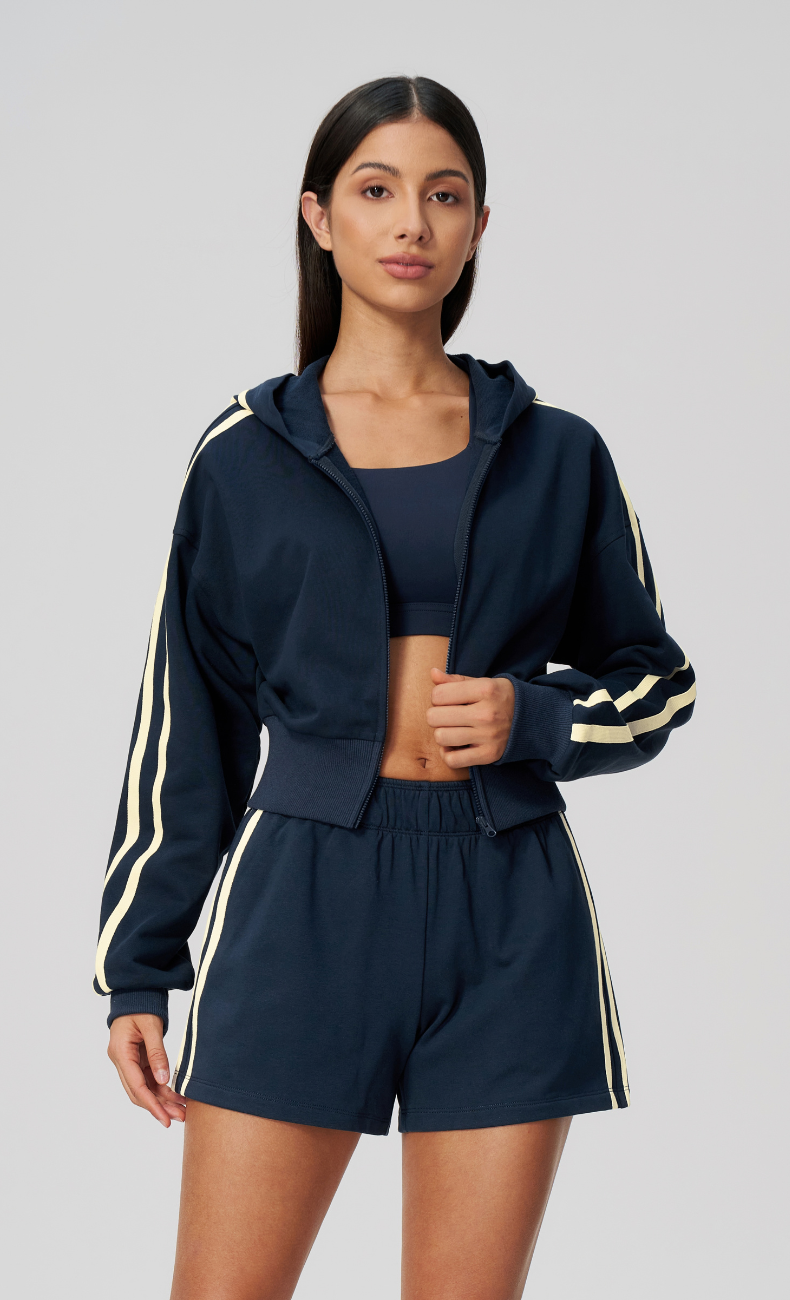 Veronica Cotton Side Stripe Cropped Zip-Up Hoodie