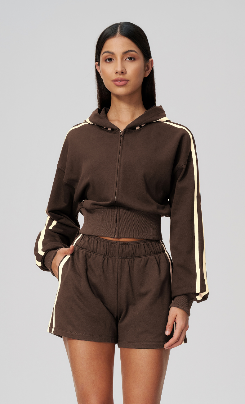 Veronica Cotton Side Stripe Cropped Zip-Up Hoodie