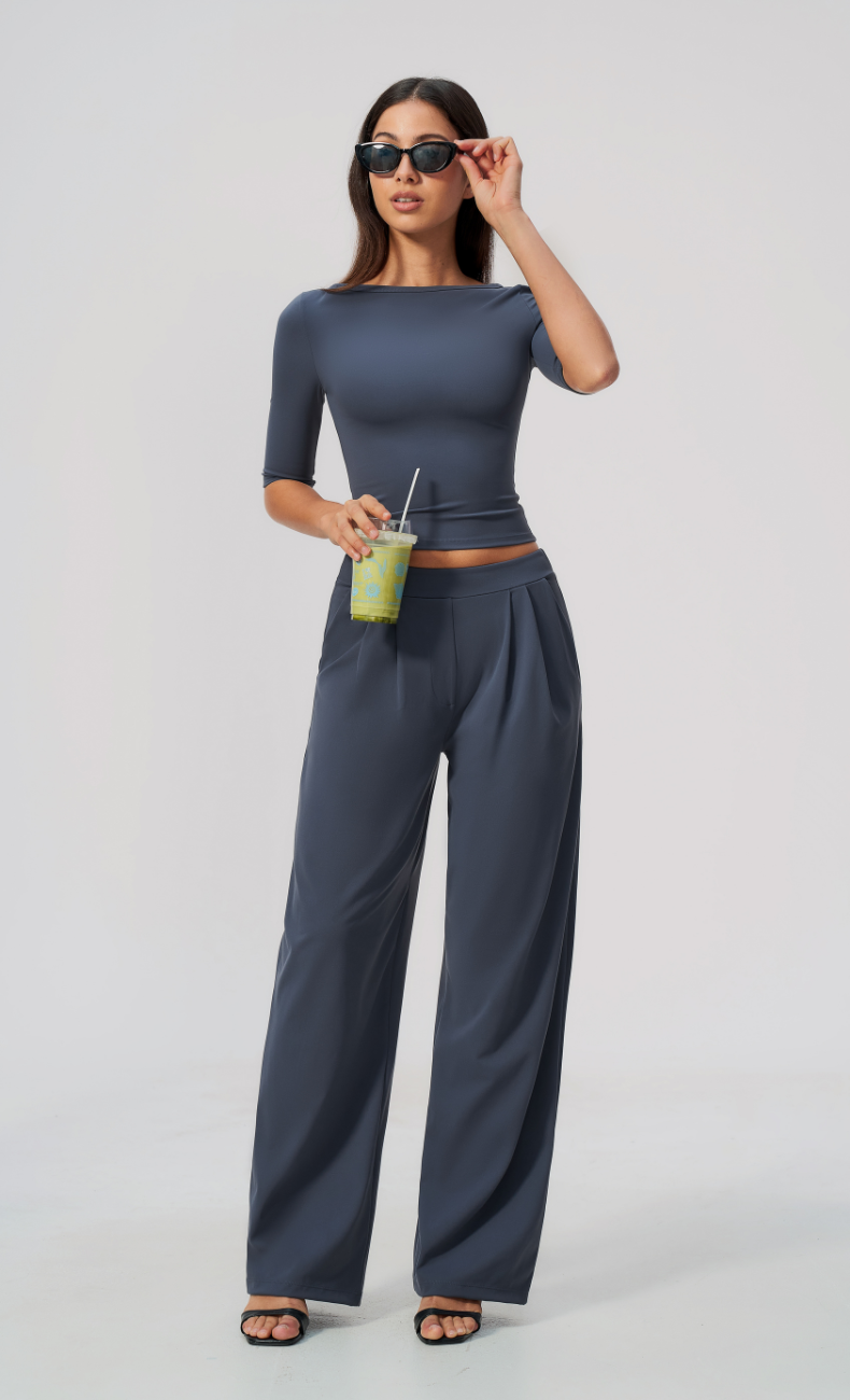 Taylor Boat Neck Pleated Wide Leg Pants Set