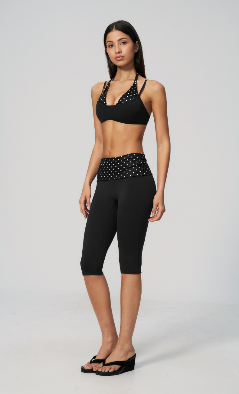 Audrey Polka Dot Layered Halter Sports Bra Capri Workout Set
