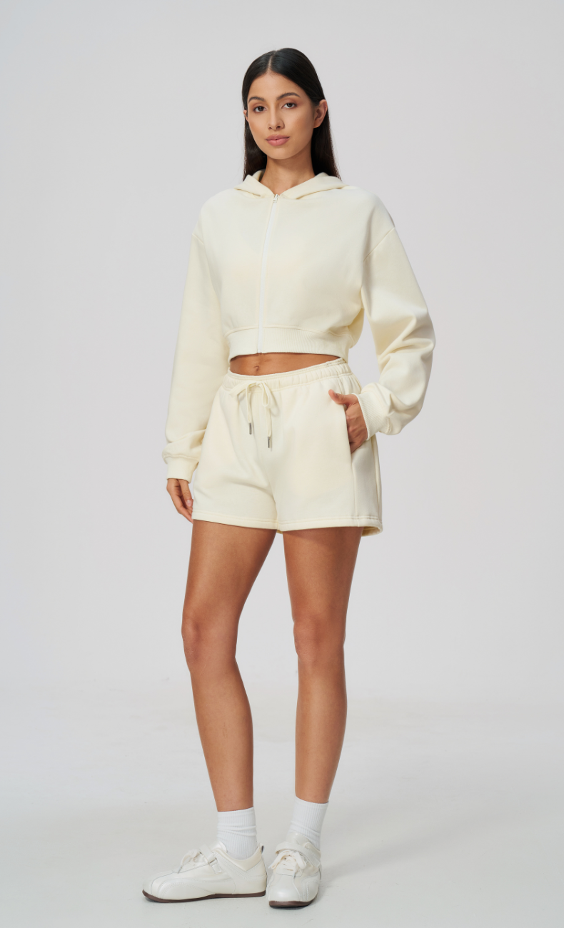 Hailey Cotton Blend Cropped Hoodie & Sweat Shorts Set
