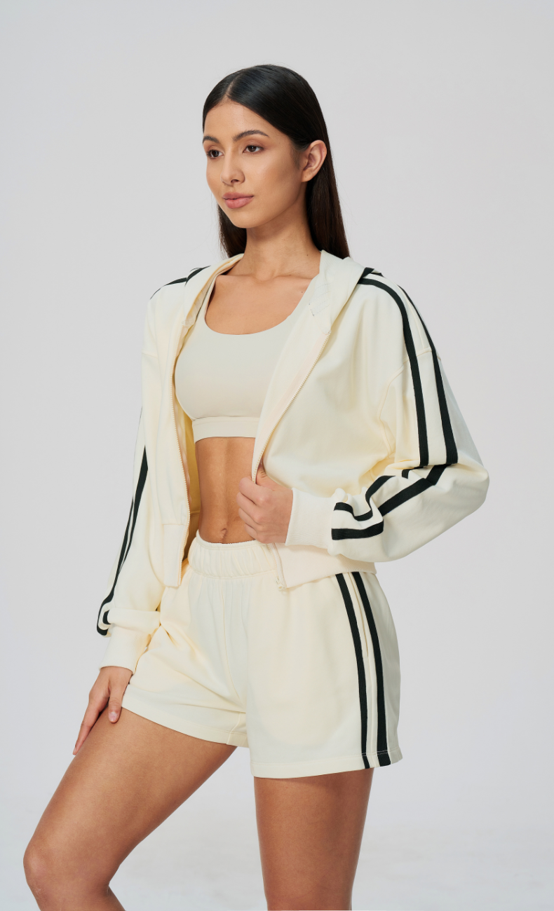 Veronica Cotton Side Stripe Cropped Zip-Up Hoodie