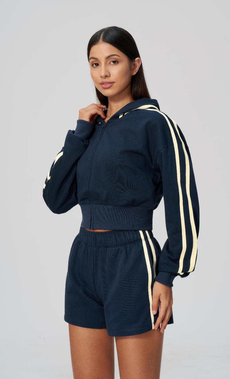 Veronica Cotton Side Stripe Cropped Zip-Up Hoodie