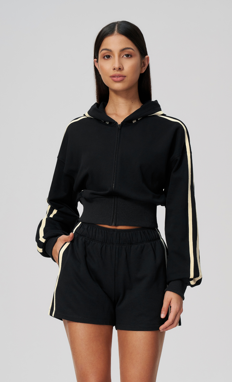 Veronica Cotton Side Stripe Cropped Zip-Up Hoodie