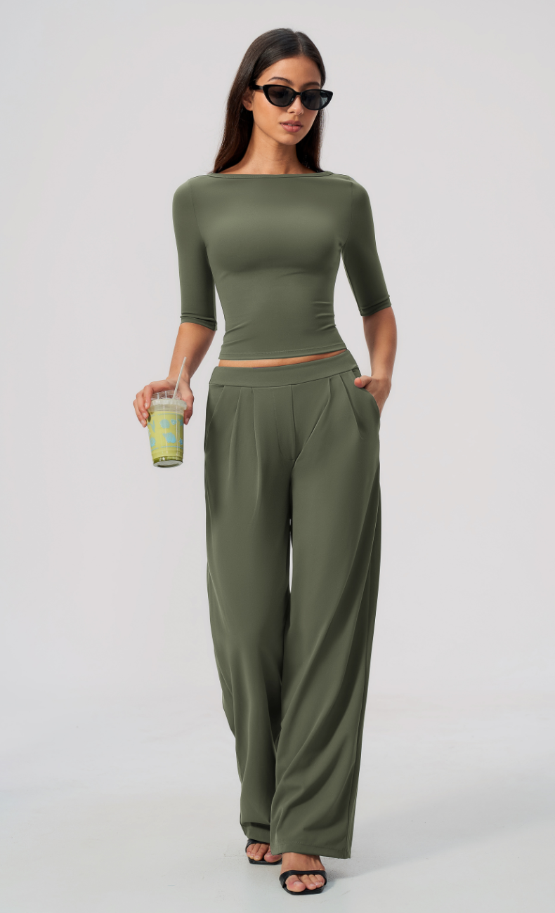 Taylor Boat Neck Pleated Wide Leg Pants Set